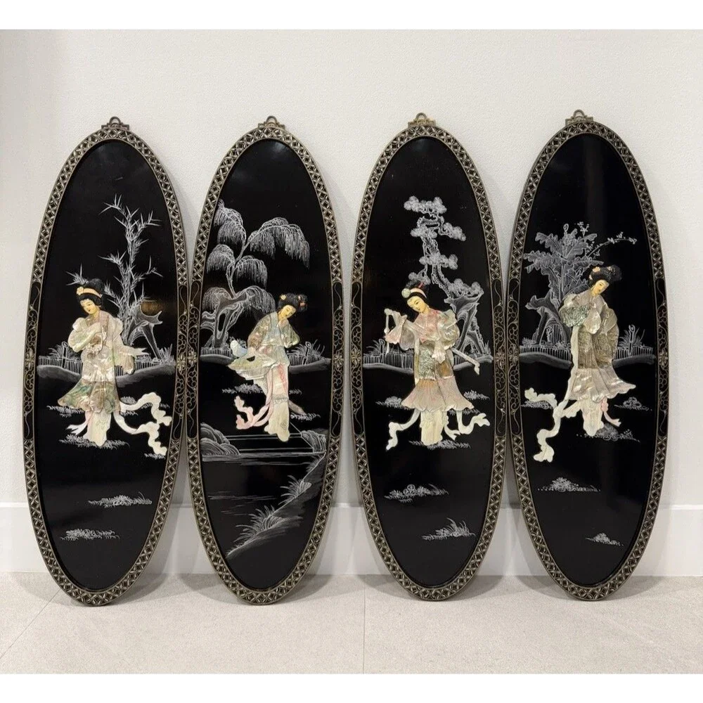 PAIR OF STUNNING VINTAGE SOAPSTONE & MOTHER OF PEARL GEISHA GIRL WALL PANELS (4)